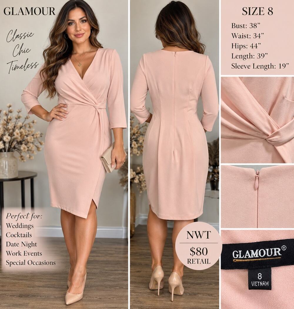 Glamour Blush Pink Wrap Dress Size 8 NWT 3/4 Sleeve Twist Waist Bodycon